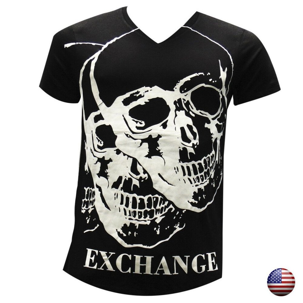 NWT EXCHANGE SKULL MENS BLACK V-NECK SHORT SLEEVE T-SHIRT SIZE S M L (O-NECK XL)
